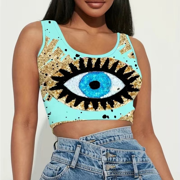 Glitter Evil Eye Crop Top Tank - Picture 1 of 3